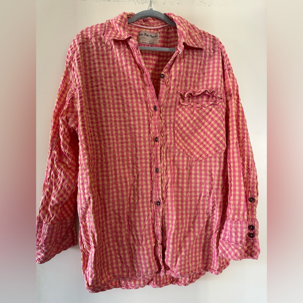 We The Free Pink and Yellow Plaid Shirt